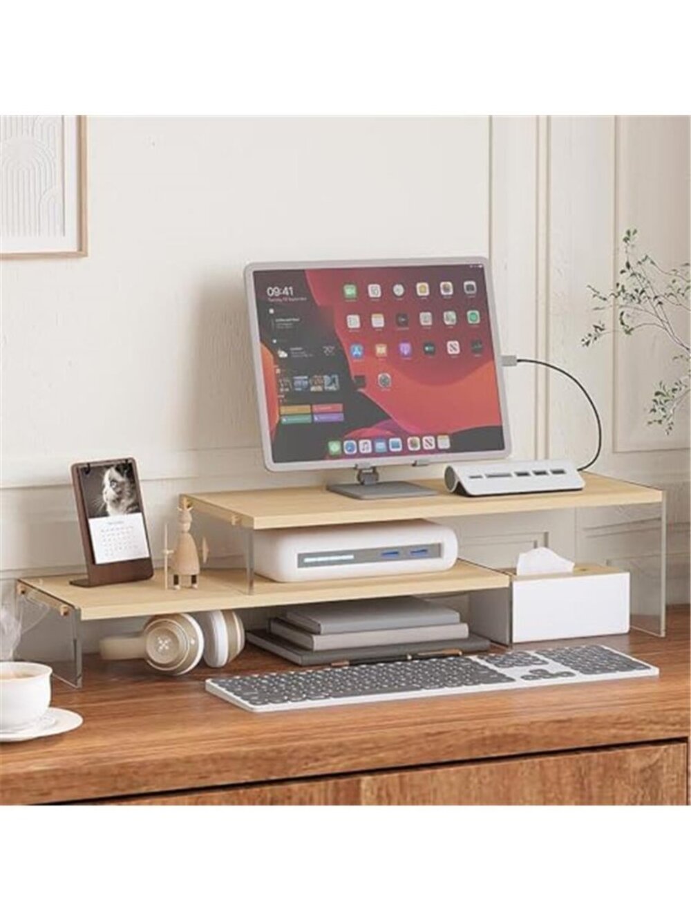 Wood Monitor Stand Riser Dual Screen Desk Organizer Laptop Printer Shelf
